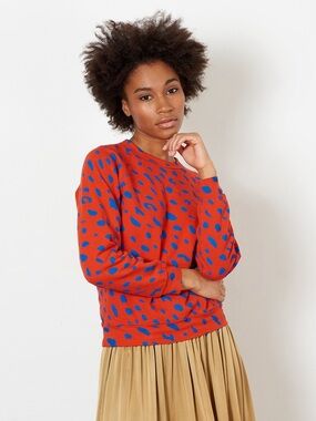Clare V. Jaguar Print Red Cobalt Raglan Sweatshirt
